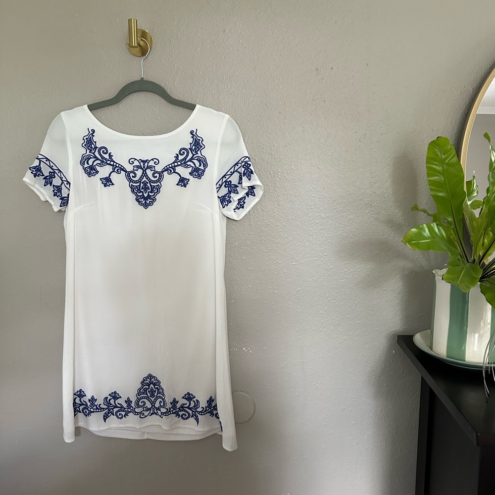 Lulu's White Mini Dress with Blue Embroidery